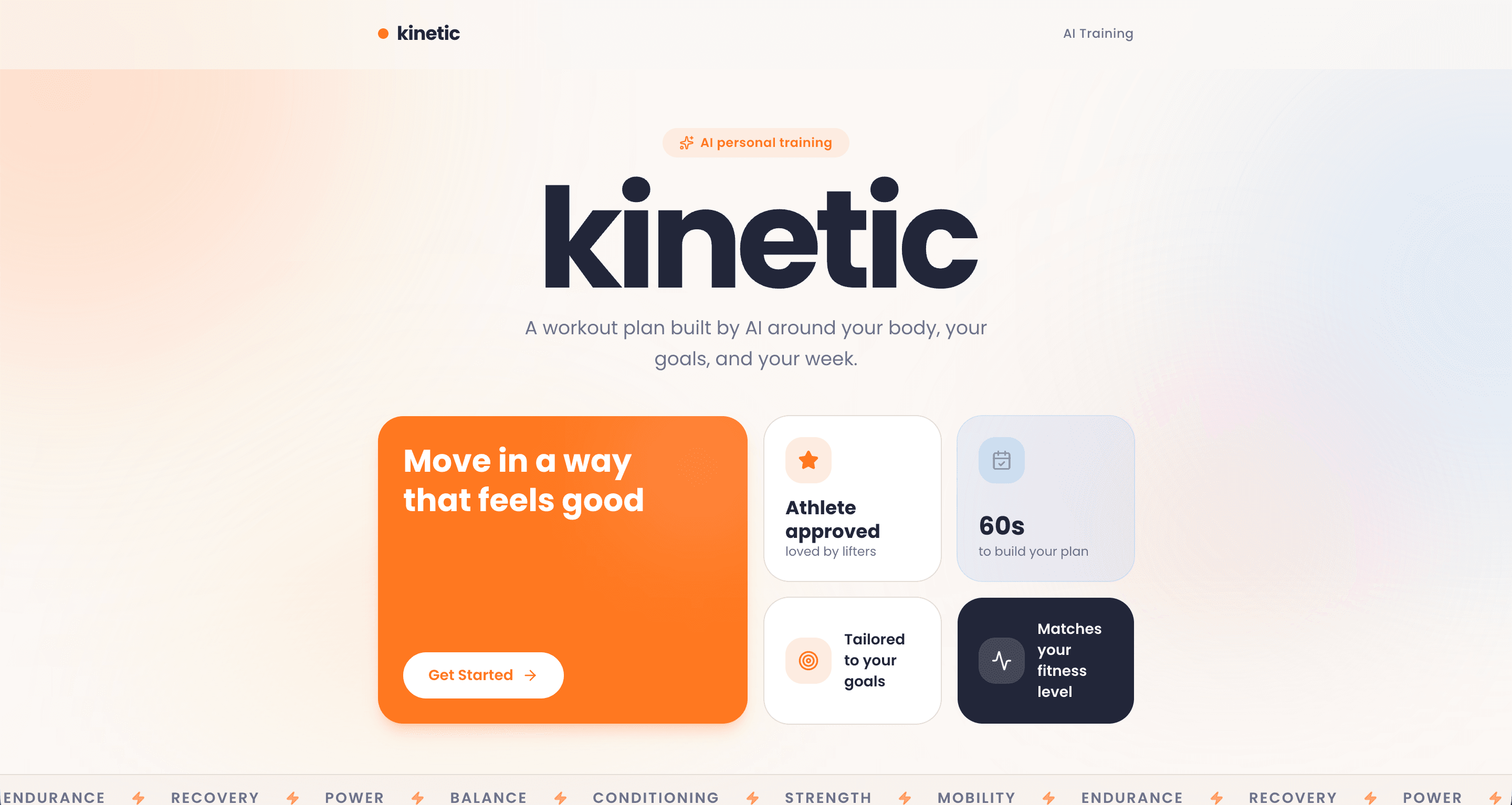 First screen of the Kinetic workout generator